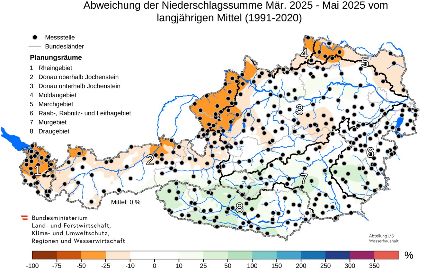 Abbildung 8. Anomalie des Niederschlags im Frühjahr 2025.