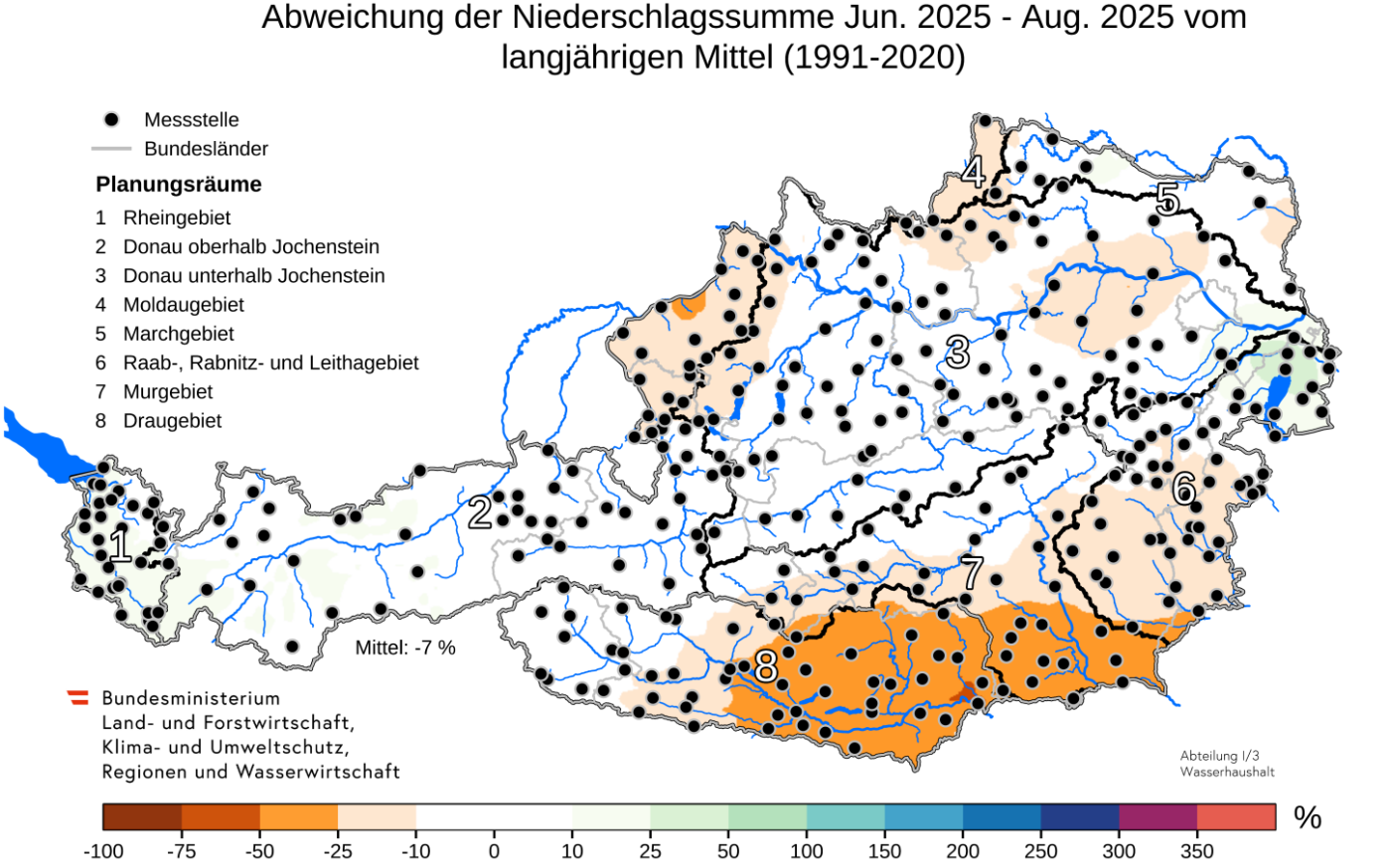 Abbildung 10. Anomalie des Niederschlags im Sommer 2025.