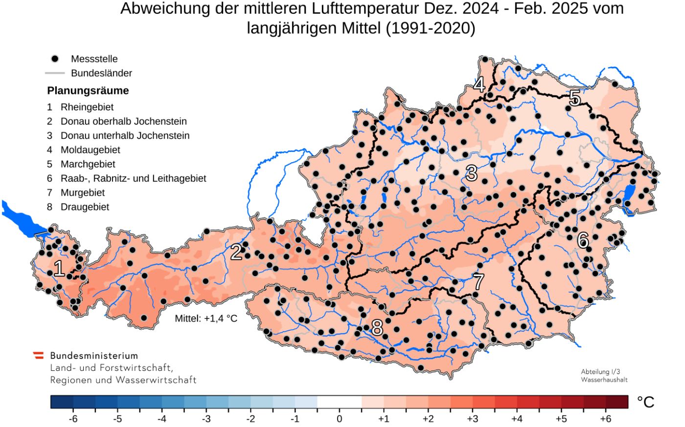 Abbildung 5. Anomalie der Lufttemperatur im Winter 2024/2025. Datengrundlage: Hydrographie Österreich.