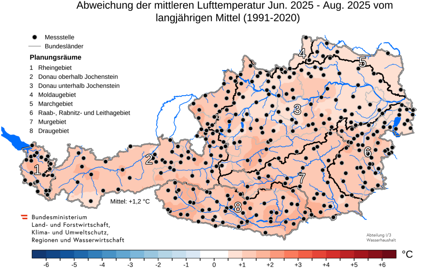Abbildung 9. Anomalie der Lufttemperatur im Sommer 2025.