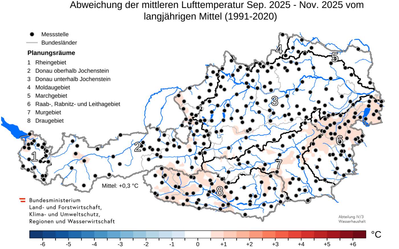Abbildung 12. Anomalie der Lufttemperatur im Herbst 2025.