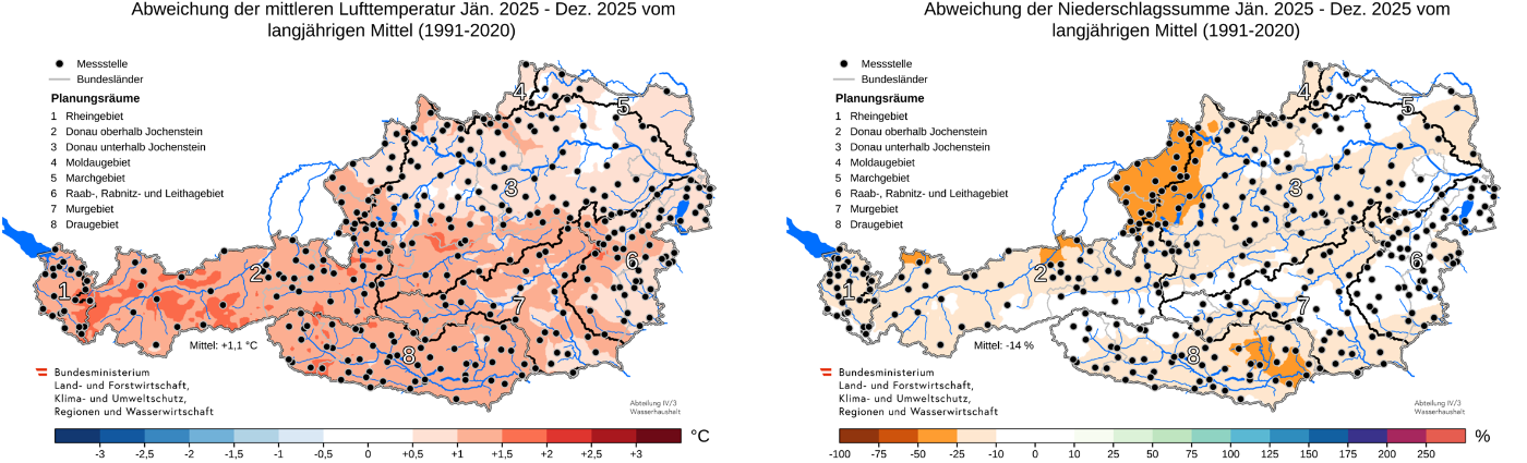 Abbildung 1. Anomalie der Jahresmitteltemperatur (links) und Anomalie der Jahresniederschlagsumme (rechts) im Jahr 2025. Datengrundlage: Hydrographie Österreich.
