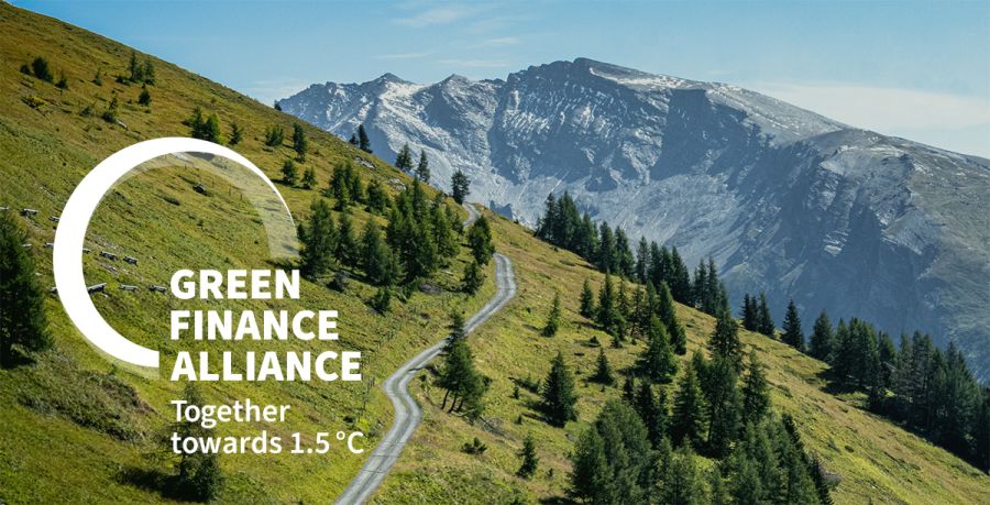 Logo Green Finance Alliance, mountain landscape in Austria