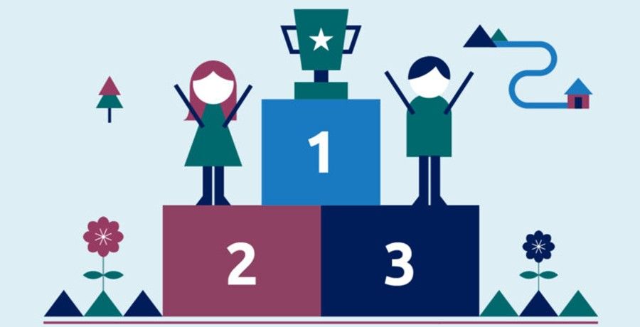 Gezeichnetes Siegerpodest mit Pokal und strahlenden Gewinner:innen