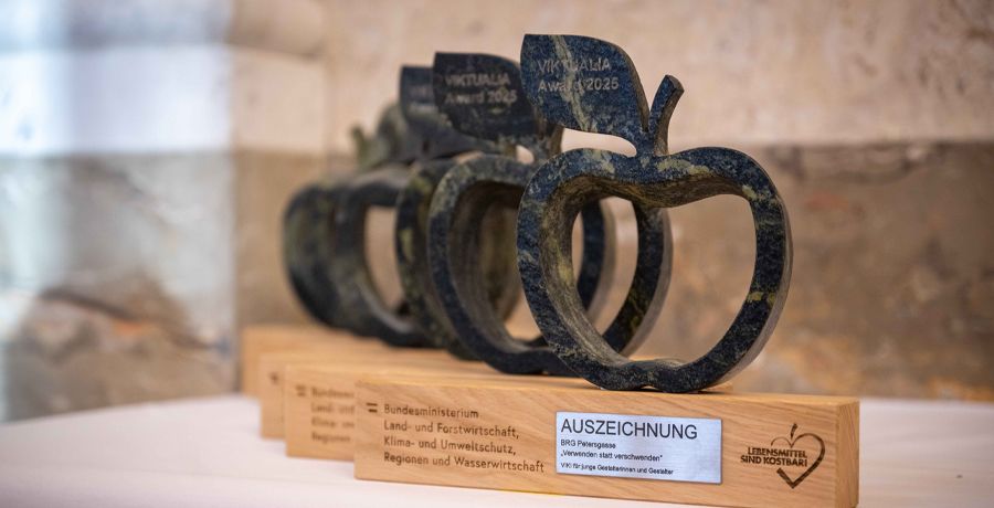 Foto der Viktualia-Trophäe (Holzsockel mit einem Apfel aus Stein)
