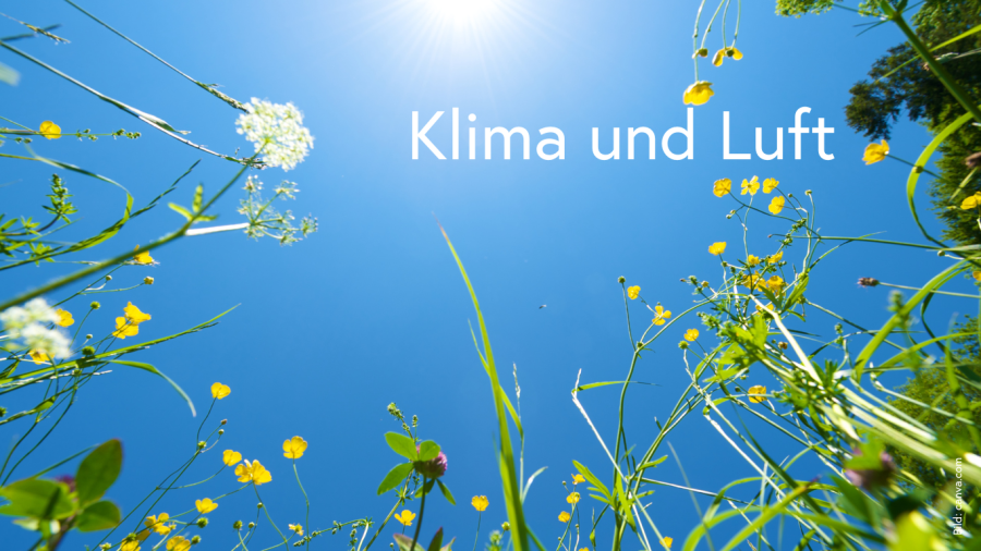 Blick auf einer Wiese liegend in den blauen Himmel mit Text Klima und Luft