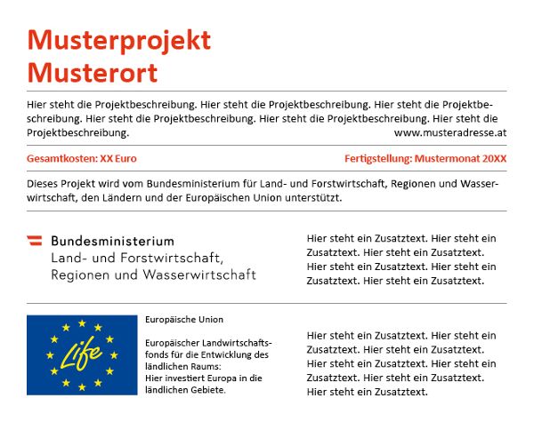 Hinweistafel mit Ergänzungstext Bund, Länder und Europäische Union (Programm zur Unterstützung von Umwelt- und Klimaschutzmaßnahmen)