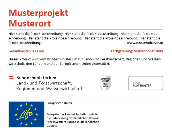 Hinweistafel mit Fördergeber Bund, Länder und Europäische Union (Programm zur Unterstützung von Umwelt- und Klimaschutzmaßnahmen)