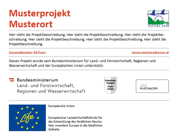 Erinnerungstafel  mit Fördergeber Bund, Land, Europäische Union (Programm zur Unterstützung von Umwelt- und Klimaschutzmaßnahmen in Schutzgebiete innerhalb der Europäischen Union 2000) und andere Partner