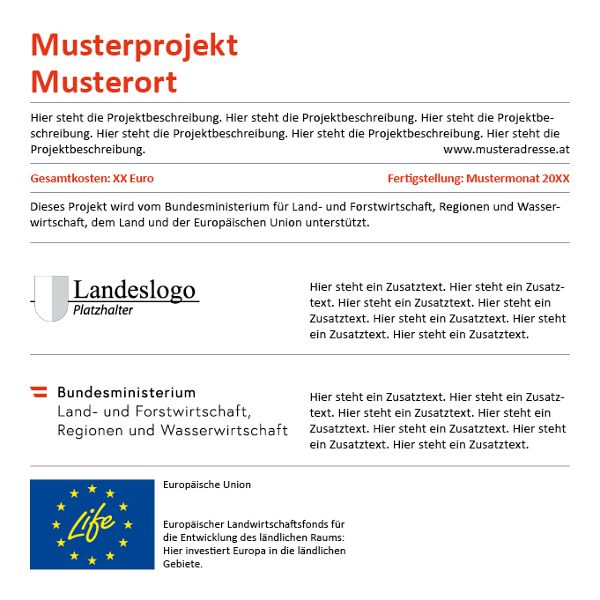 Hinweistafel mit Ergänzungstext Bund, Land und Europäische Union (Programm zur Unterstützung von Umwelt- und Klimaschutzmaßnahmen)
