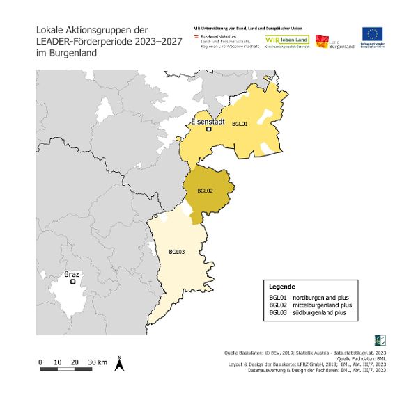 Karte der LEADER-Regionen im Burgenland. 