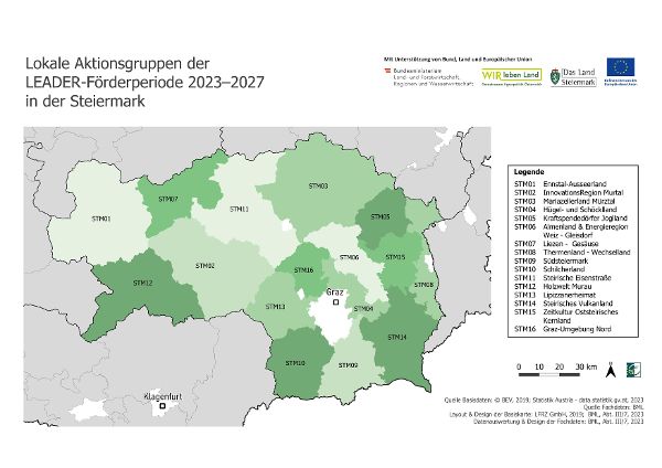 Karte der LEADER-Regionen in der Steiermark. 