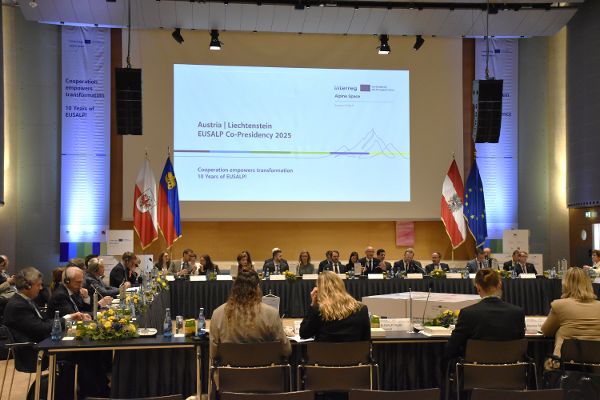 Ein Raum mit Tischen u-förmig angeordnet und daran sitzen politische Vertreterinnen und Vertreter der EUSALP