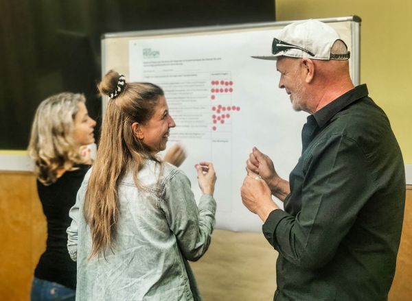 Drei Personen vor einem Flipchart