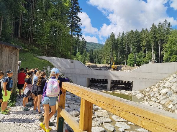 Exkursion der Wildbach- und Lawinenverbauung gemeinsam mit dem Landesforstdienst zum Hochwasserschutz Sankt Georgen im Attergau mit den Schülerinnen und Schüler der Volksschule Straß im Attergau 