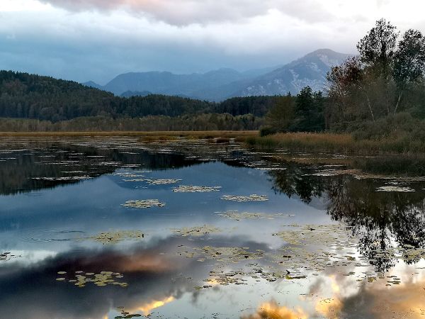 Moorgebiet eingebettet in einer wunderschoenen Landschaft mit Bergen und Waeldern