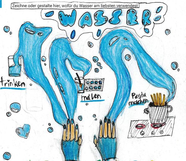 Gemälde von Lucie, 12 Jahre, aus der neunten Klasse BG/BRG Lagergasse, Deutschlandsberg. Man sieht zwei gemalte Hände welche Wasser versprühen. 