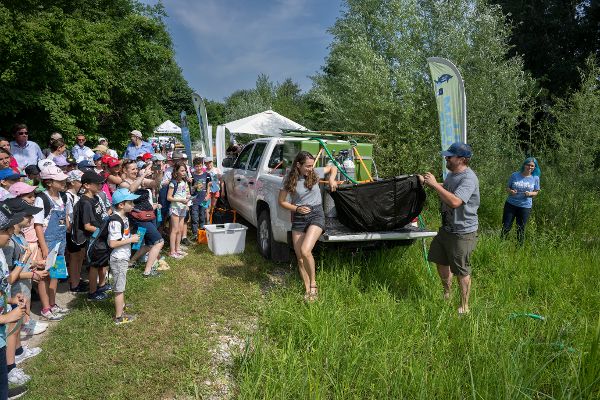 Teilnehmende bei der Station LIFE-Boat 4 Sturgeon sehen dabei zu wie ein Stör im Nationalpark freigelassen wird