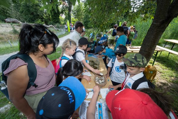 Schülerinnen und Schüler unter einem Baum beim Stand Nuschelnde Muscheln