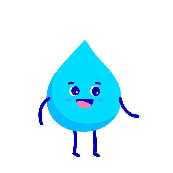 Eine Illustration eines Wassertropfens mit Gesicht sowie Armen und Beinen. 