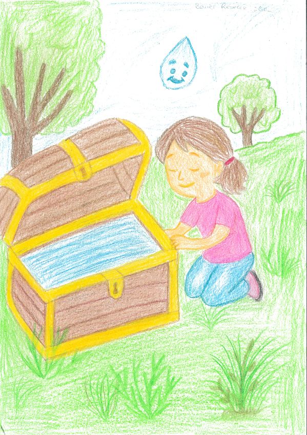 Der Gewinnerbeiträg des Trinkpass 2025 zeigt eine Zeichnung einer Wasserschatztruhe mit Mädchen.