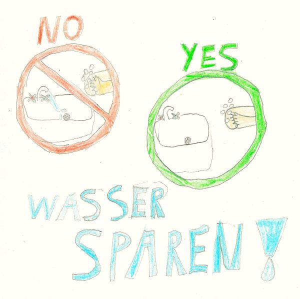 Ein Plakat zum Wassersparen von Melina aus Graz für den Trinkpass gemalt.