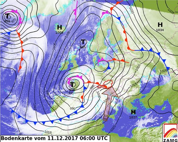 Grafikkarte - Europäische Wetterkarte mit Bodendruckzentren im Dezember 2017