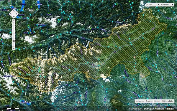 Das Einzugsgebiet der Mur bis zum Pegel Graz (schraffiert)