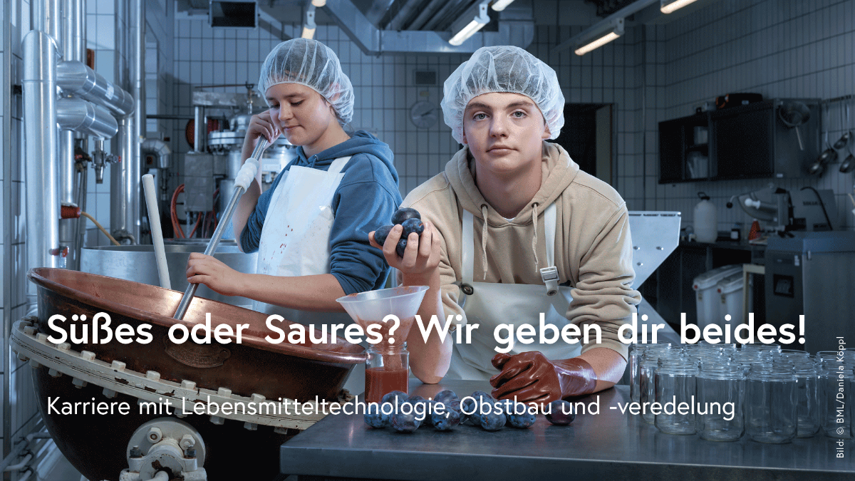 Zwei Jugendliche verarbeiten Obst in einem Kupferkessel