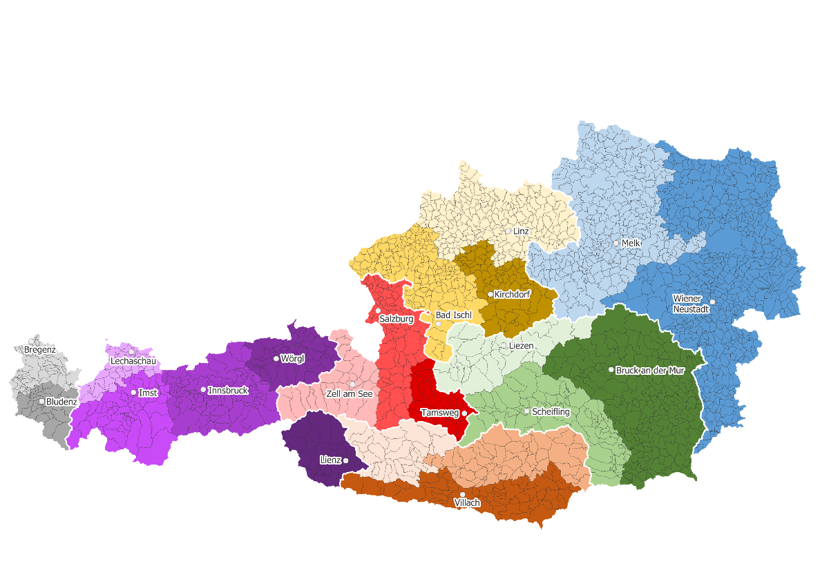Auf der Österreichkarte sind die Gebietsbauleitungen der Wildbach- und Lawinenverbauungen geografisch verortet.