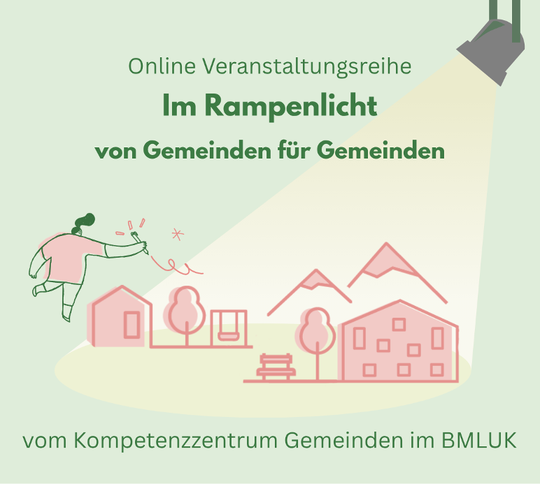 Ein gezeichnetes Bild mit einem Scheinwerfer auf eine schreibende Figur und einen stilisierten Ortskern. Überschrift im Text lautet Online-Veranstaltungsreihe Im Rampenlicht für Gemeinden von Gemeinden vom Kompetenzzentrum des Bundesministeriums für Landwirtschaft.
