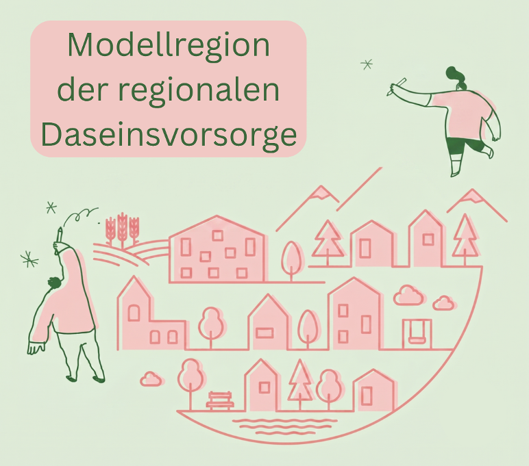 Eine grün und pinkte Grafik zeigt zwei Figuren die mit Bleistift schreiben sowie ein stilisiertes Ortsbild mit Gebäuden. Eine Text ließt "Modellregion der regionalen Daseinsvorsorge".
