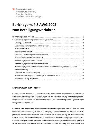 Bericht gem. § 8 AWG 2002  zum Beteiligungsverfahren