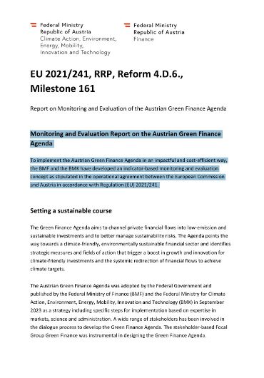 Cover Report on Monitoring and Evaluation of the Austrian Green Finance Agenda