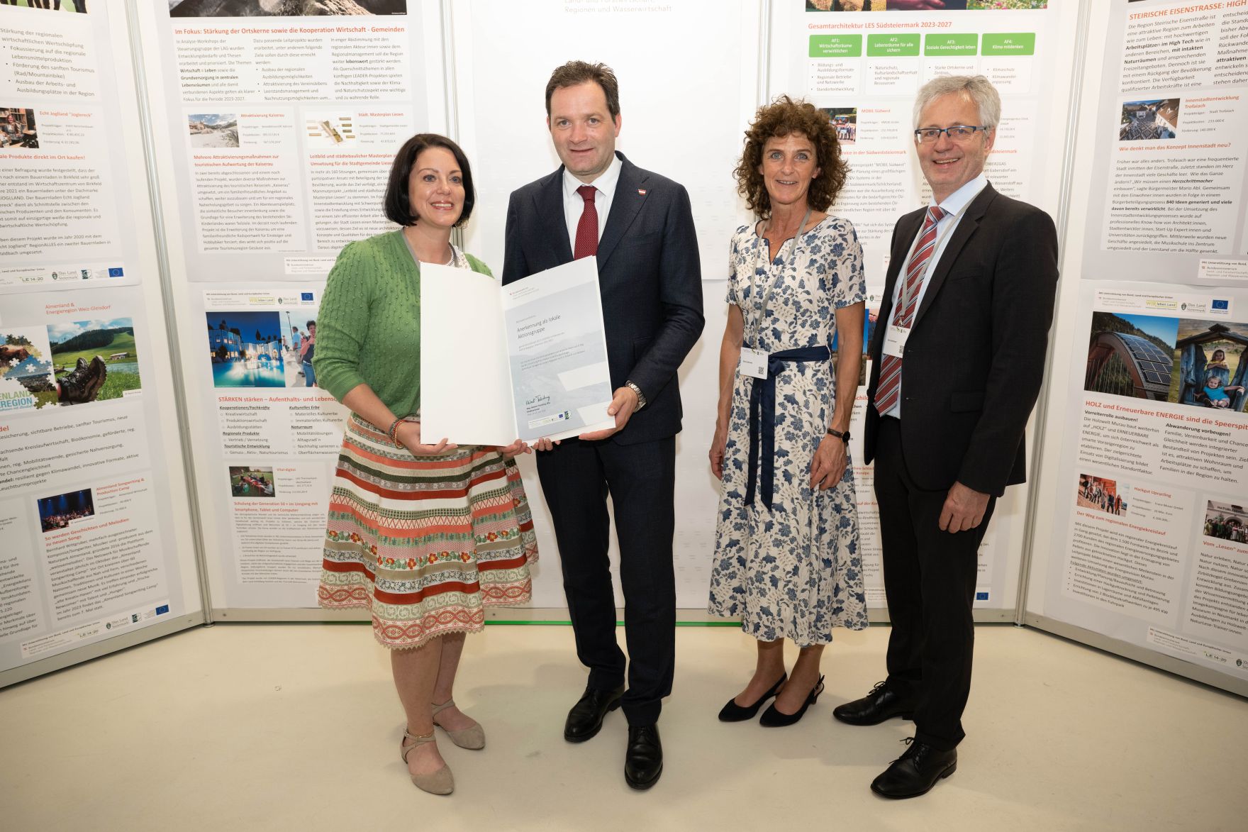 RHP_8611.jpg Die Lokale Entwicklungsstrategie (LES) beschreibt, zu welchen Themen die jeweilige LEADER Region in der Periode 2023–2027 arbeitet, welche Art von Projekten gefördert werden und wie der Modus der Projektförderung abläuft. Zum Start der neuen Periode wurden 83 LEADER Regionen ausgezeichnet und Herr Bundesminister Norbert Totschnig übermittelt die Zertifikate bei der Veranstaltung.
