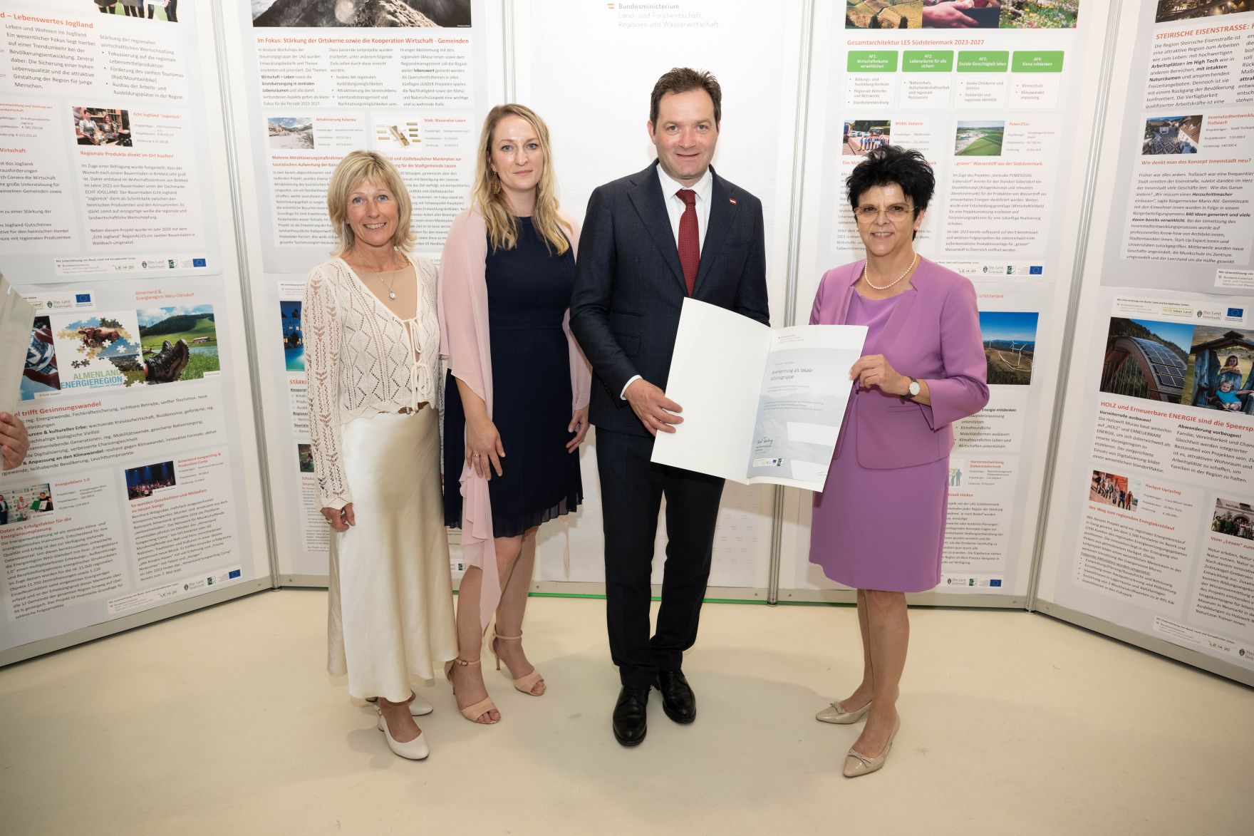 RHP_8637.jpg Die Lokale Entwicklungsstrategie (LES) beschreibt, zu welchen Themen die jeweilige LEADER Region in der Periode 2023–2027 arbeitet, welche Art von Projekten gefördert werden und wie der Modus der Projektförderung abläuft. Zum Start der neuen Periode wurden 83 LEADER Regionen ausgezeichnet und Herr Bundesminister Norbert Totschnig übermittelt die Zertifikate bei der Veranstaltung.