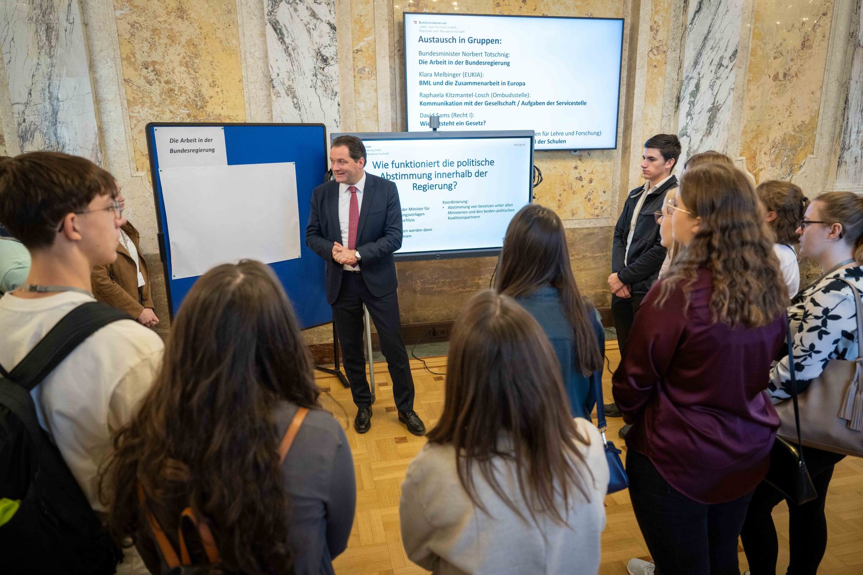 DSC_3282.jpg Anlässlich des „Tags der Demokratie“ lud Bundesminister Norbert Totschnig Schülerinnen und Schüler zur Diskussion über die Grundlagen unseres Zusammenlebens in das BML.