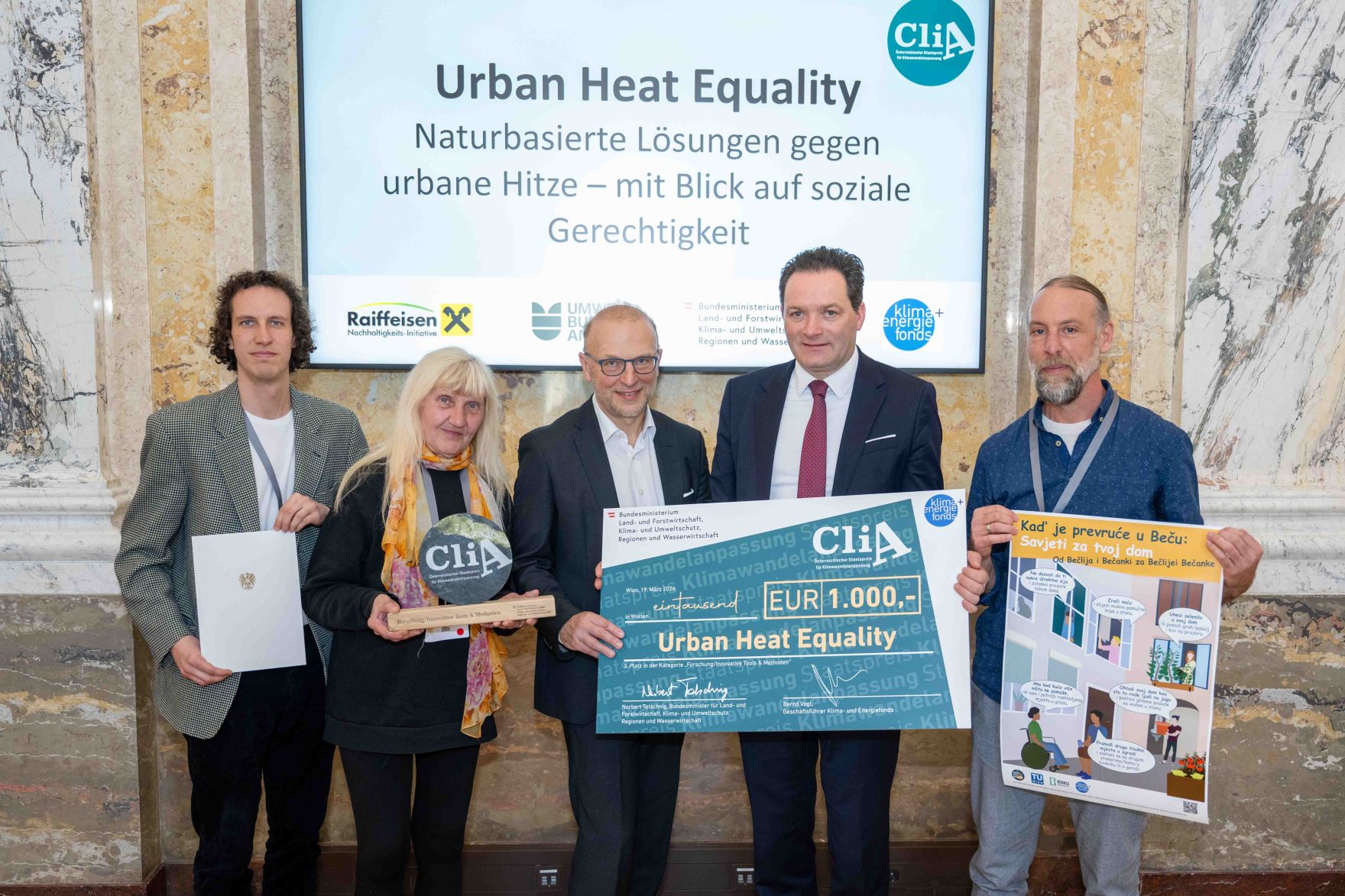 Der 2024 erstmals vergebene "CliA", der &Ouml;sterreichische Staatspreis f&uuml;r Klimawandelanpassung, ist am Donnerstag wieder verliehen worden. Zu den heutigen Gewinnern z&auml;hlten konkrete Ma&szlig;nahmen gegen Hochwasser und Hitze, betriebliche Strategien und auch innovative Forschungsprojekte aus Nieder&ouml;sterreich, der Steiermark, Ober&ouml;sterreich, Salzburg, Wien und Vorarlberg.