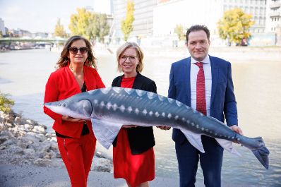 Landwirtschaftsminister Norbert Totschnig, Klimaministerin Leonore Gewessler, Innovationsstadtr&auml;tin Ulli Sima und BOKU Rektorin Eva Schulev-Steindl haben gemeinsam St&ouml;re in die Donau ausgesetzt. Im Rahmen des Projekts &quot;LIFE Boat 4 Sturgeon&quot; sollen vier gef&auml;hrdete St&ouml;rarten vor dem Aussterben bewahrt werden.
