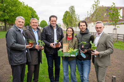 Garteln mitten in Wien: Bundesminister Norbert Totschnig stattete den Gewinnerinnen und Gewinnern des Urban Gardening-Gewinnspiels beim Wiener Augarten einen Besuch ab. Im Bild: &Ouml;sterreichische Bundesforste Vorstandssprecher Georg Sch&ouml;ppl, LGV-Vorstand Josef Peck, Bundesminister Norbert Totschnig, Gewinnerin Magdalena und Gewinner Kurt sowie der Bundesg&auml;rten-Leiter Gerd Koch