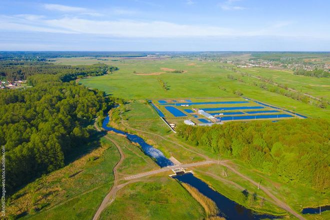Aerial view of fish ponds and farmhouses.