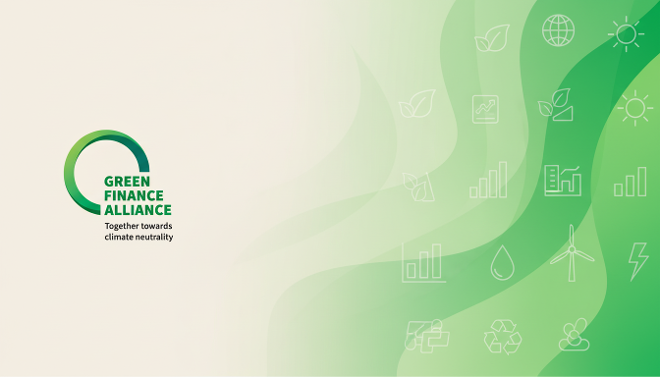 Cover image of the Green Finance Alliance website - Abstract green background with icons. AI-generated.