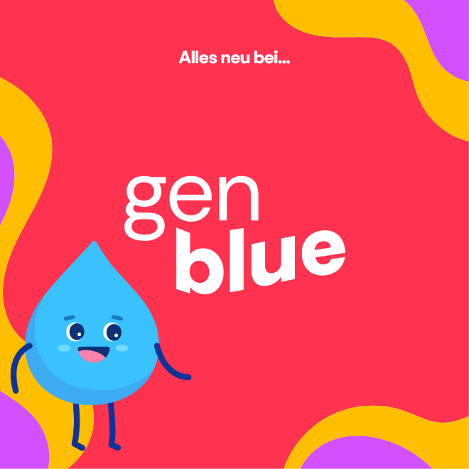 Gen blue logo with an illustration of the water drop mascot.