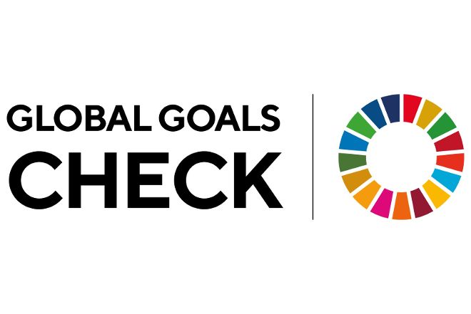 Logo Global Goals Check mit rechts einem Kreis mit bunten Segmenten