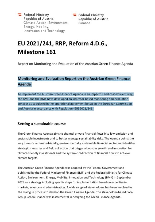 Cover Report on Monitoring and Evaluation of the Austrian Green Finance Agenda