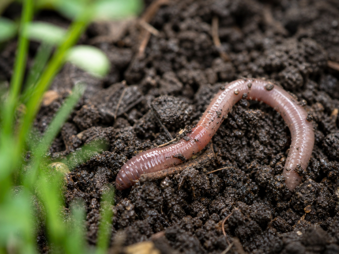 Ein Regenwurm gräbt sich aus der Erde
