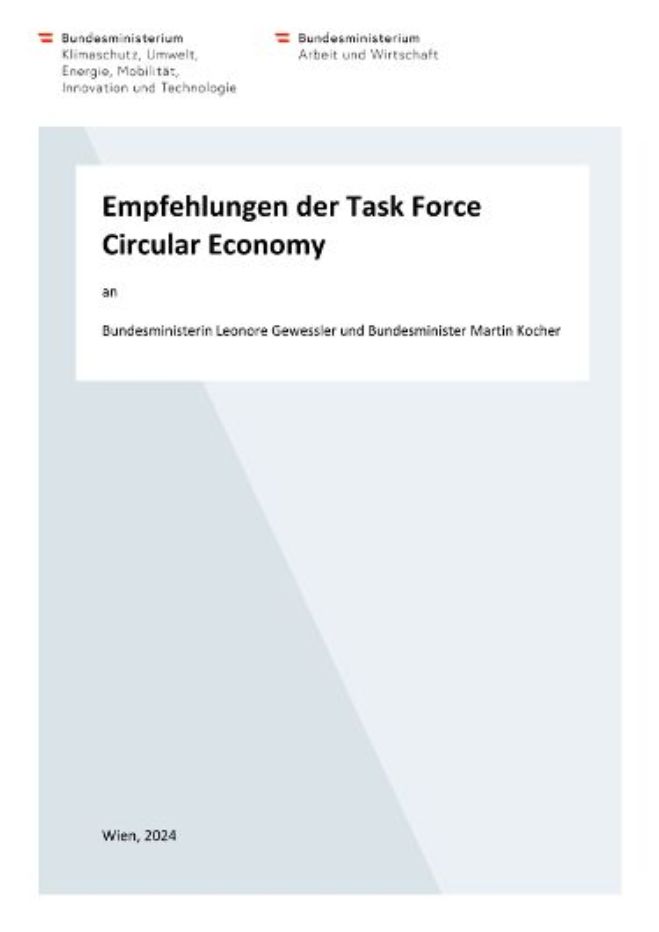 Hier ist das Titelbild des Artikels zu sehen mit der Aufschrift "Empfehlungen der Task Force Circular Economy".