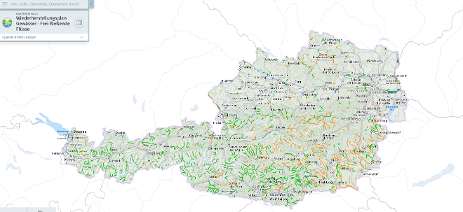 Karte von Österreich mit farbigen Pfeilen, die Gewässer- und Freiflächen-Pulsationen anzeigen