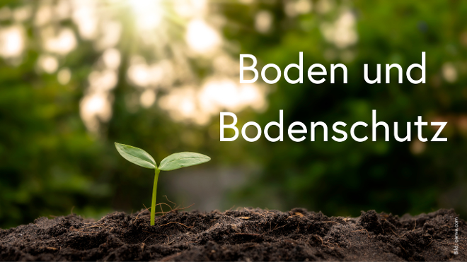 Keimling ragt aus dem Boden - Schrift Boden und Bodenschutz