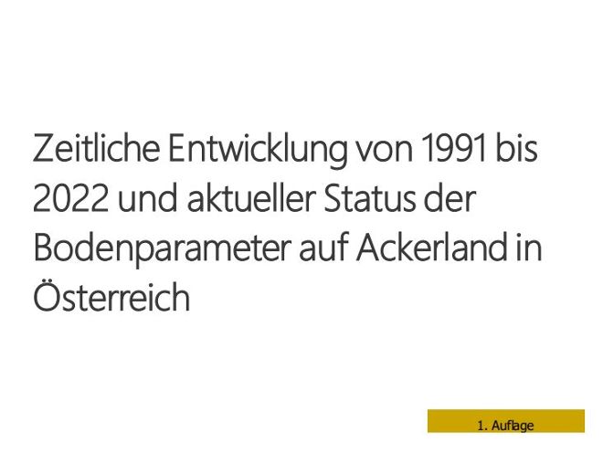 Ausschnitt der Titelseite der Evaluierungsstudie. Zu sehen ist der Titel auf weißem Grund: Zeitliche Entwicklung von 1991 bis 2022 und aktueller Status der Bodenparameter auf Ackerland in Österreich (1. Auflage)